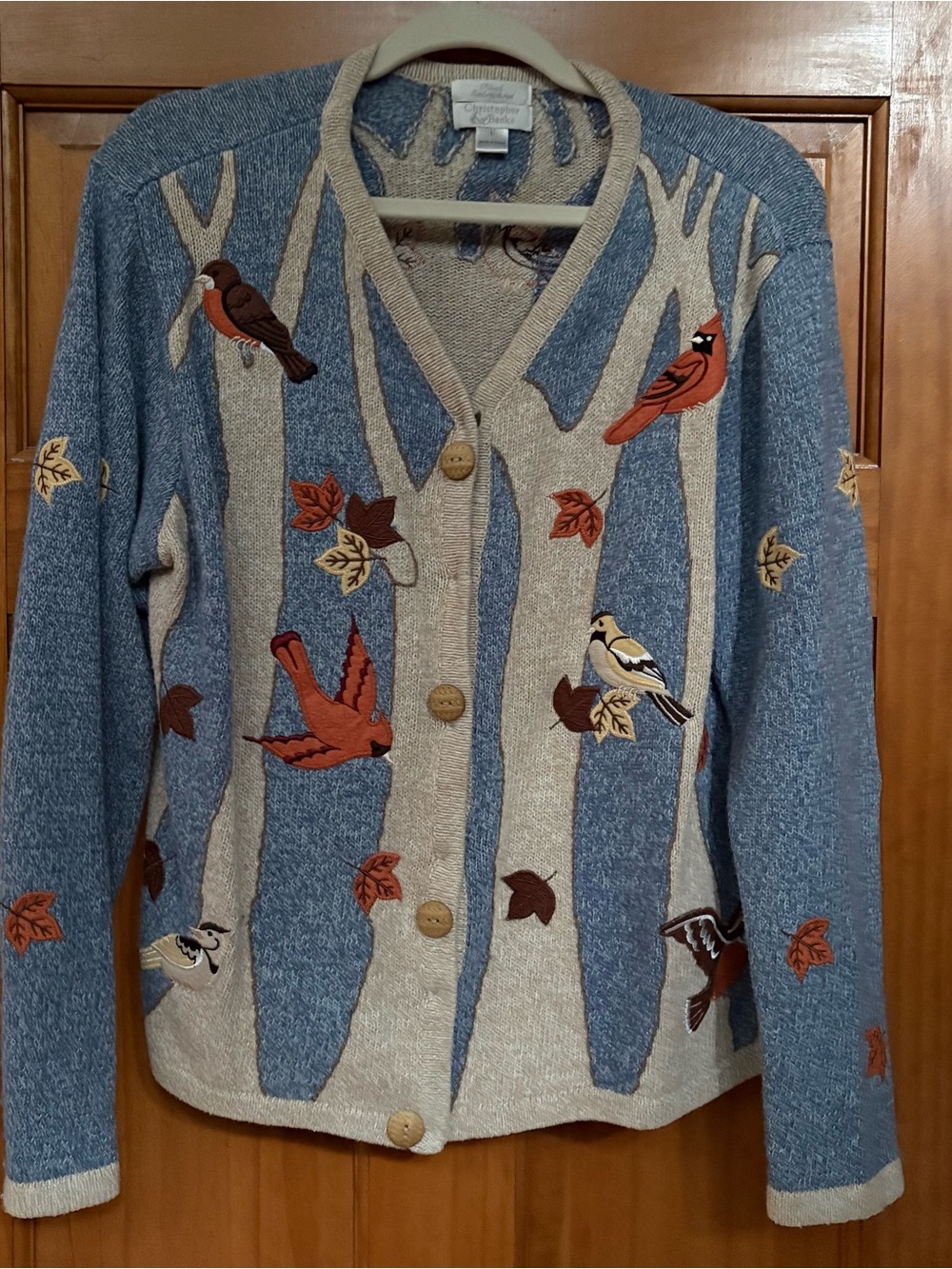Vintage Christopher & Banks Hand Embroidered Bird Birch Tree Cardigan Sweater L
